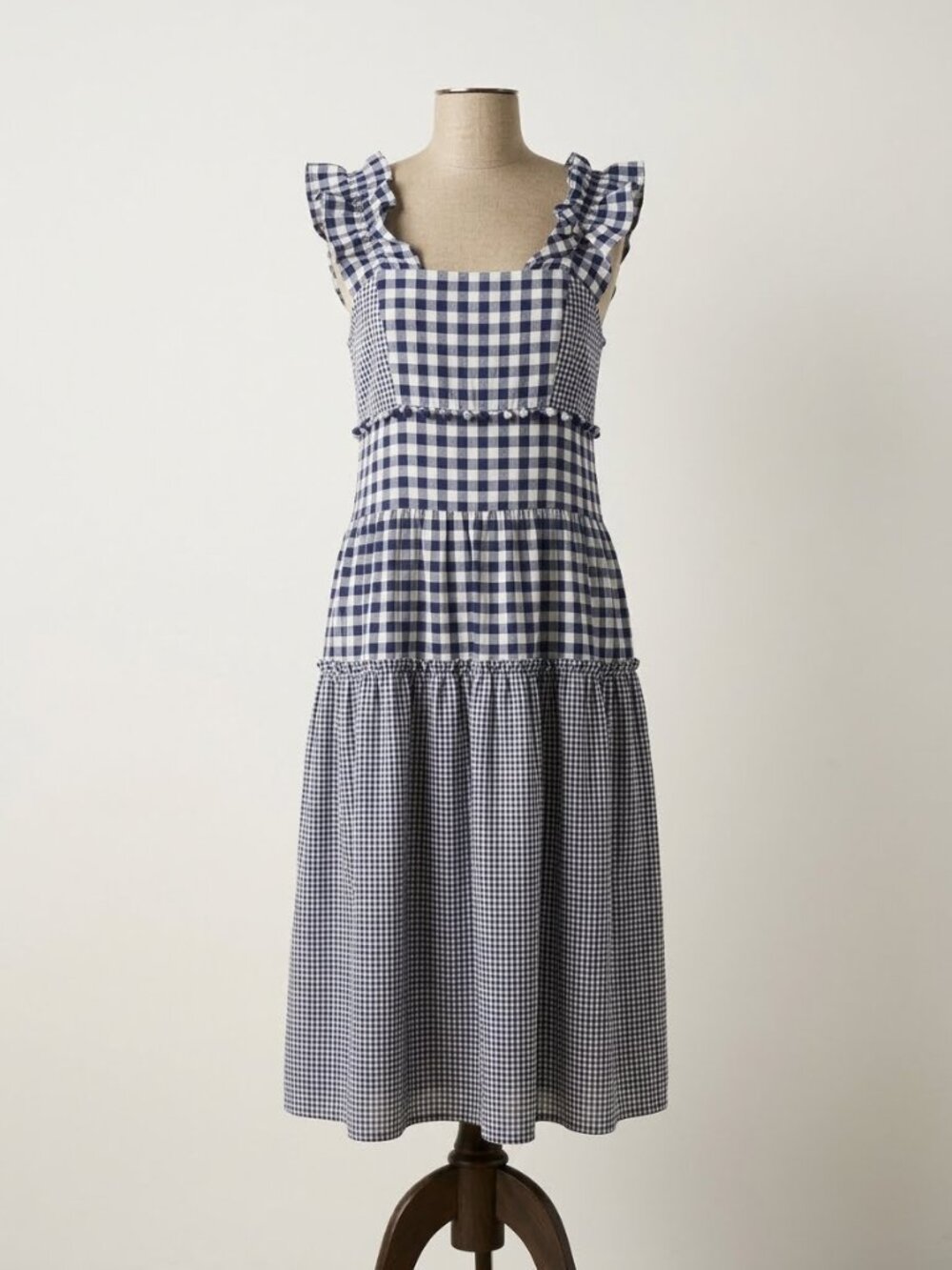 POL Blue/White Gingham Plaid Tiered Dress with Ruffles Size Small
